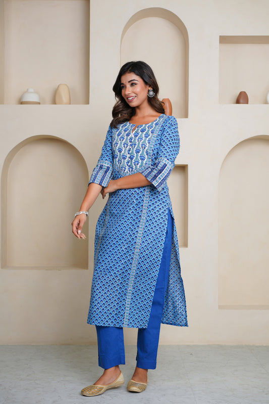 BLUE HAND BLOCK PRINTED STRAIGHT KURTA , EMBELISHED WITH GOTA PATTI WORK