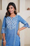BLUE HAND BLOCK PRINTED STRAIGHT KURTA , EMBELISHED WITH GOTA PATTI WORK