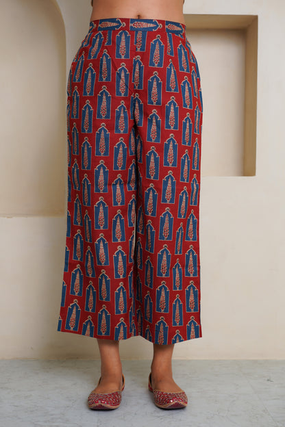 BLUE RED STRIPED COLLAR KURTA WITH  PRINTED PLAZO