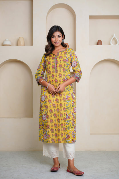 MUSTARD COLOUR HAND BLOCK PRINTED PRINCESS LINE KURTA