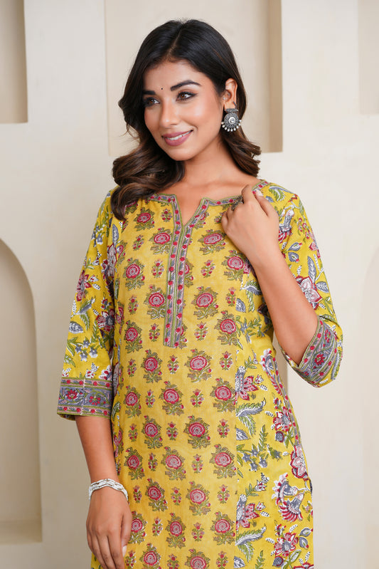 MUSTARD COLOUR HAND BLOCK PRINTED PRINCESS LINE KURTA