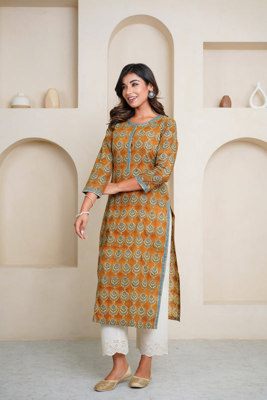 BROWN HAND BLOCK PRINTED STRAIGHT LINE KURTA