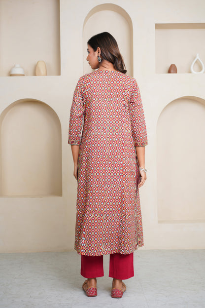 RED HAND BLOCK PRINTED KURTA EMBELISHED WITH MIRROR EMBROIDERY AND PIN TUCKS