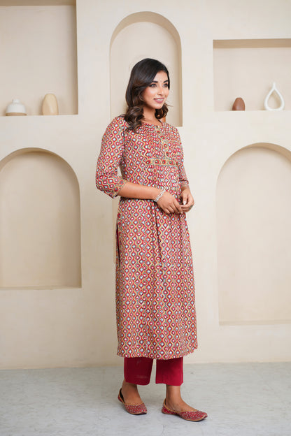 RED HAND BLOCK PRINTED KURTA EMBELISHED WITH MIRROR EMBROIDERY AND PIN TUCKS