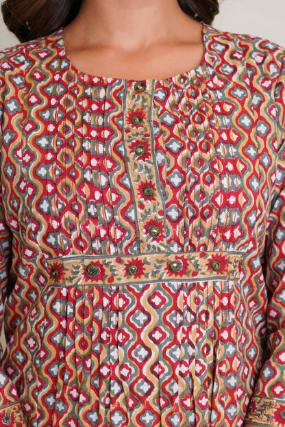 RED HAND BLOCK PRINTED KURTA EMBELISHED WITH MIRROR EMBROIDERY AND PIN TUCKS