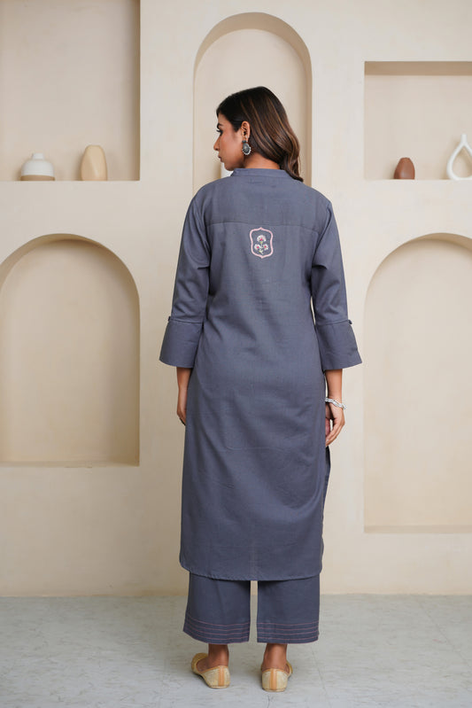 GREY COTTON FLAX KURTA WITH PANTS , EMBELISHED WITH HAND WORK BUTTONS AND PATCH