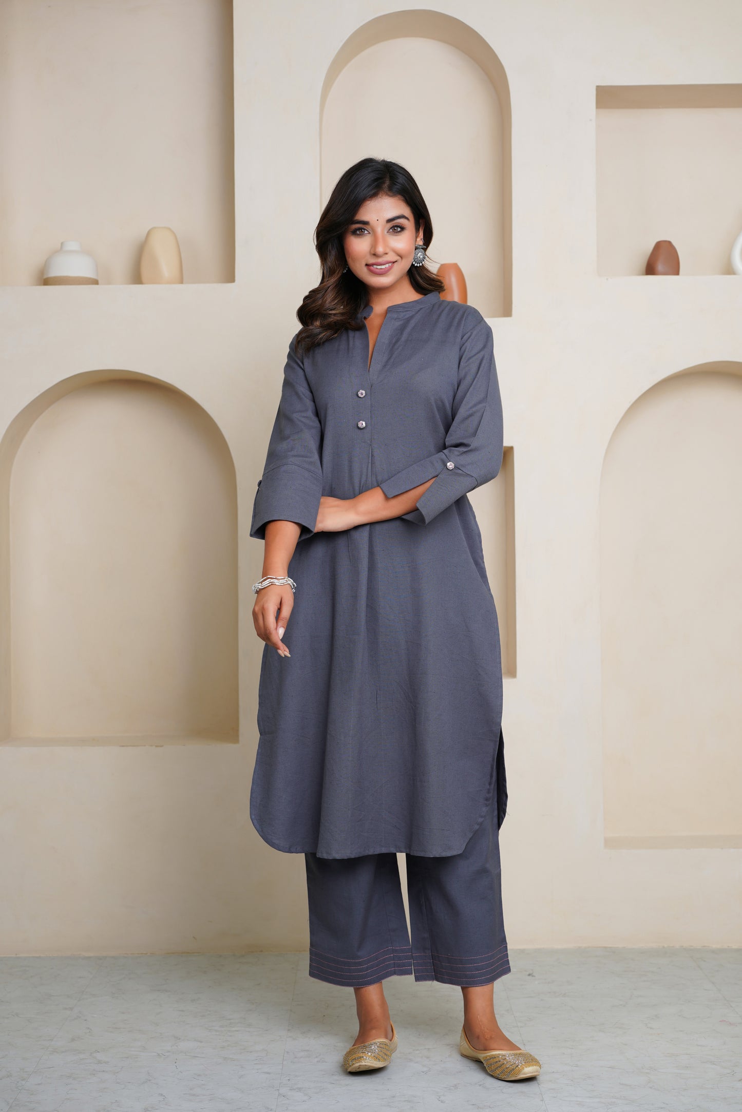 GREY COTTON FLAX KURTA WITH PANTS , EMBELISHED WITH HAND WORK BUTTONS AND PATCH