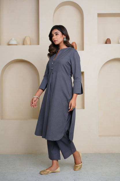 GREY COTTON FLAX KURTA WITH PANTS , EMBELISHED WITH HAND WORK BUTTONS AND PATCH