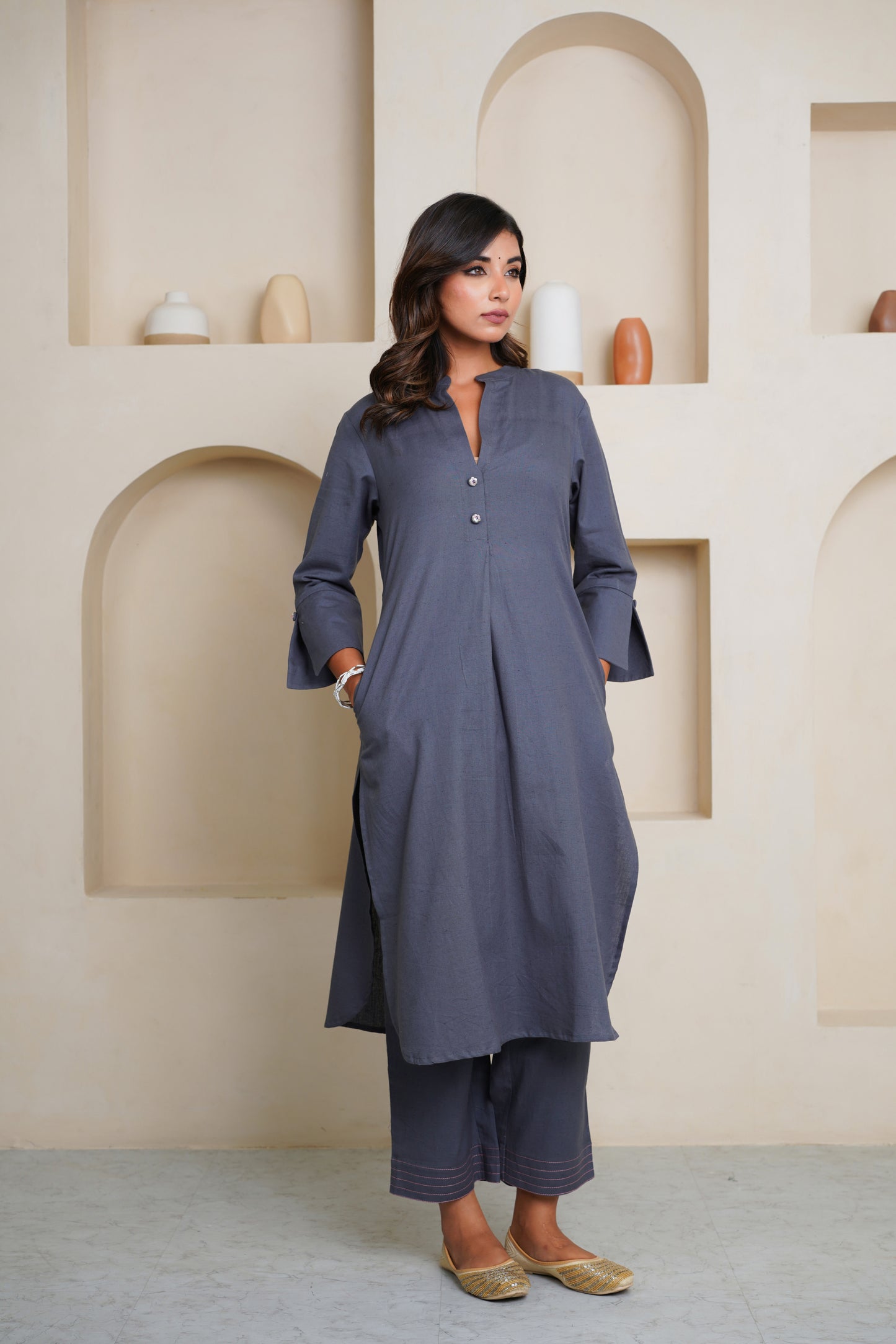 GREY COTTON FLAX KURTA WITH PANTS , EMBELISHED WITH HAND WORK BUTTONS AND PATCH