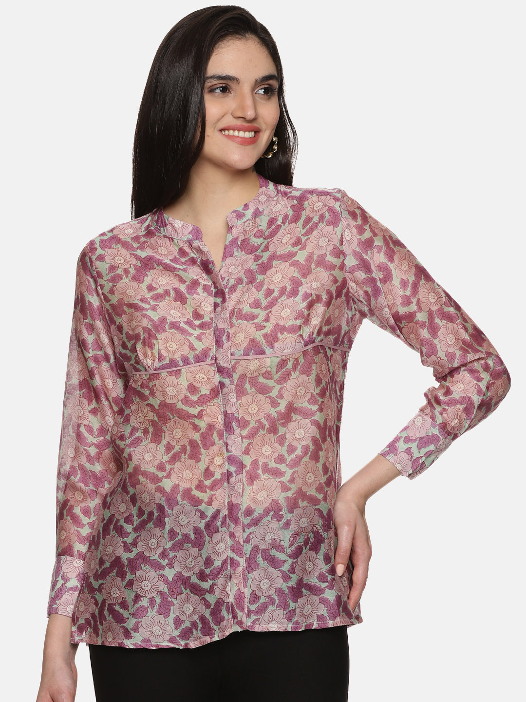 PURPLE FLORAL BLOCK PRINT SHIRT IN CHANDERI