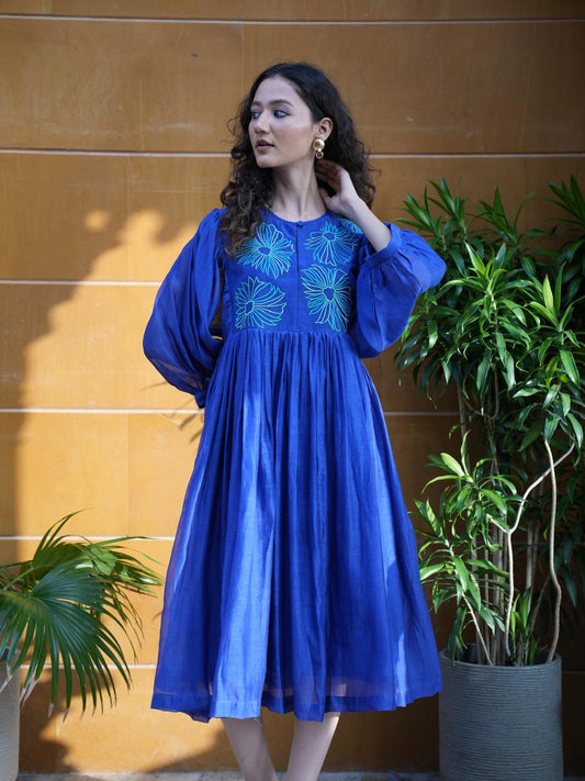 Dark Blue Chanderi Knee Length Frock