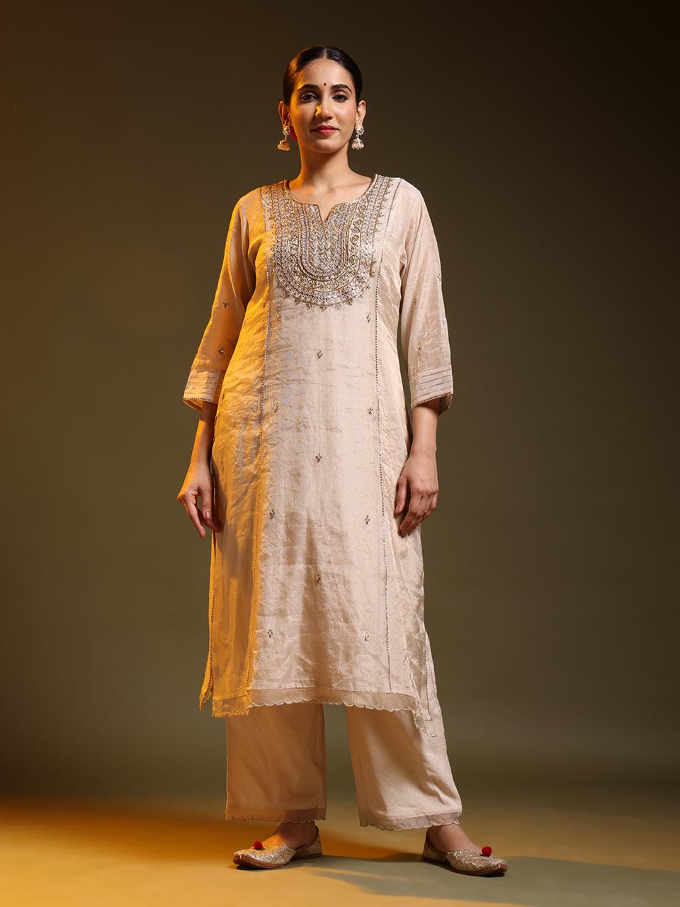 Whitish-Golden Chanderi Festive Suit