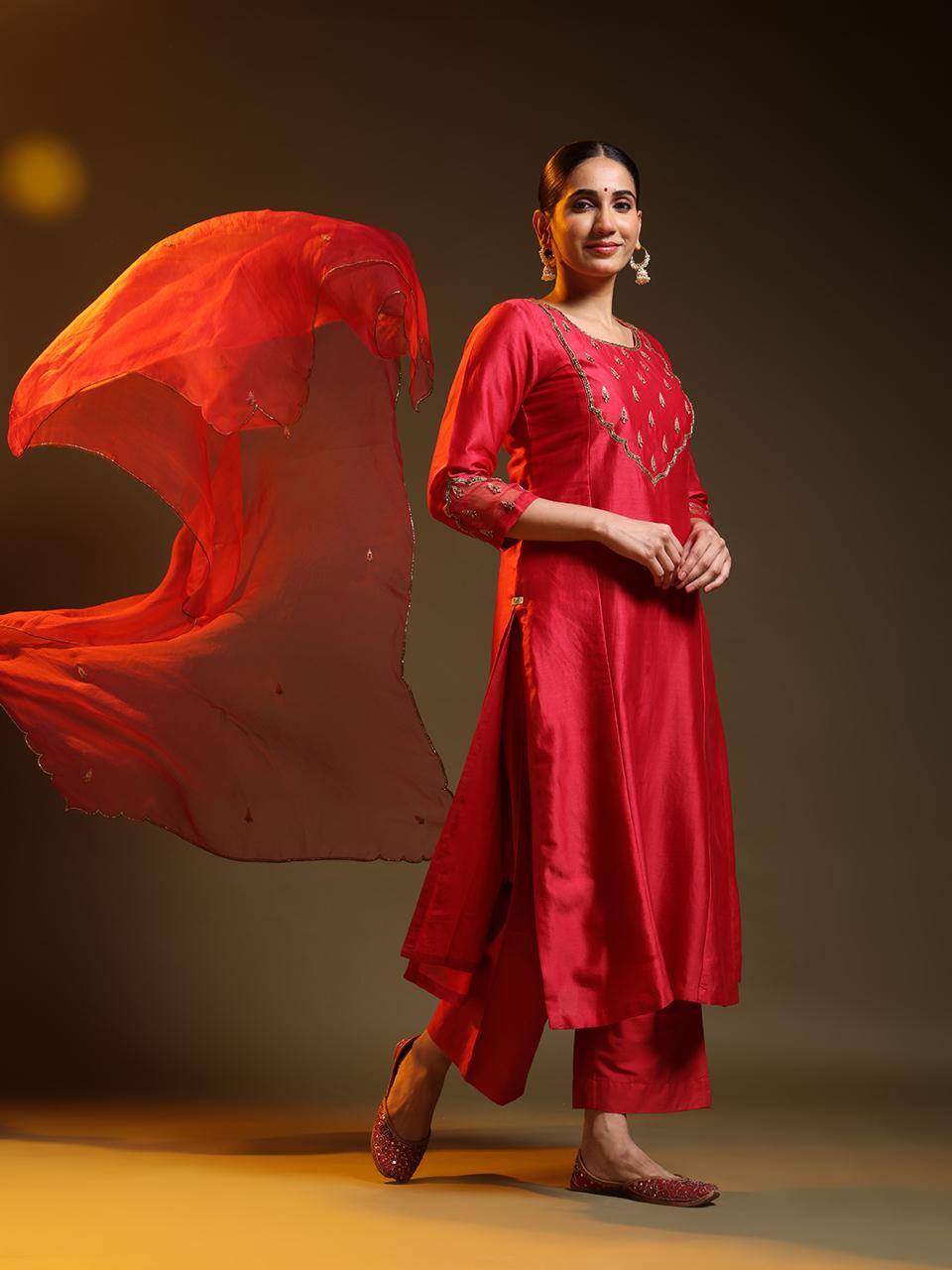 Red Festive Chanderi Suit