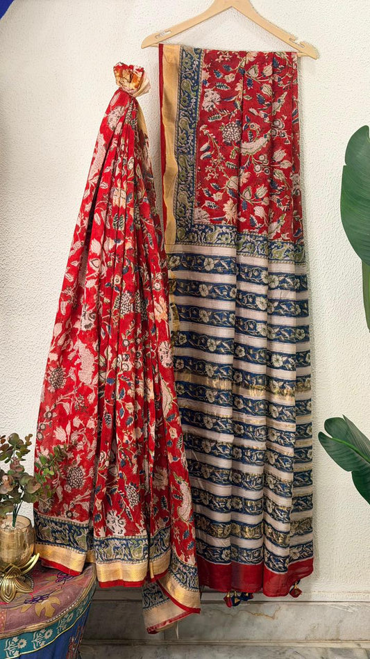 Red- Blue Chanderi Saree