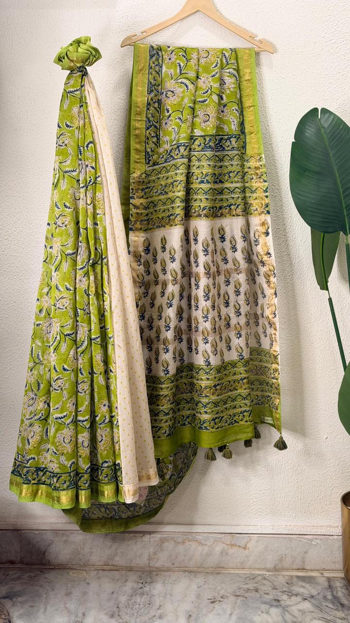 Green- White Chanderi Saree
