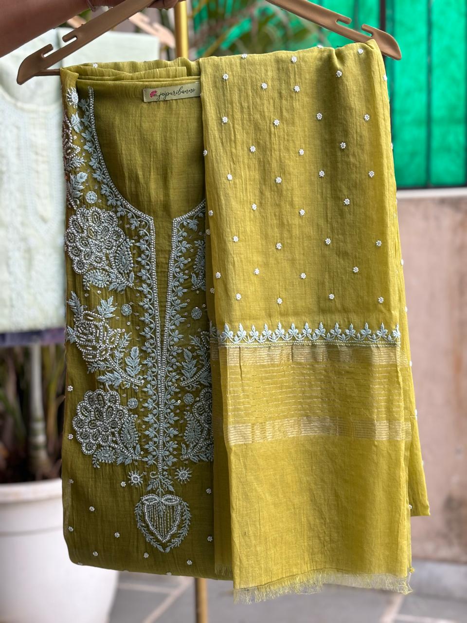 Green Unstitched Chickenkari Suit