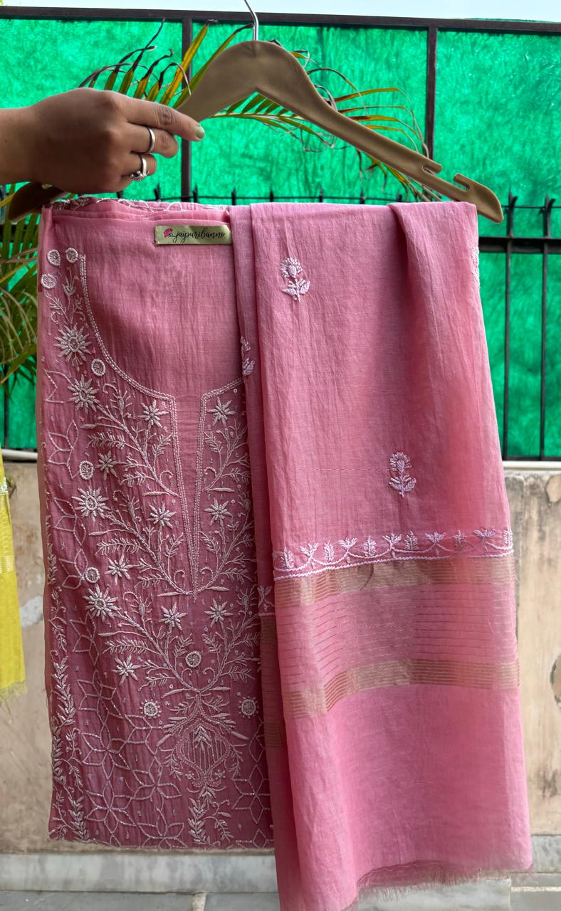 Pink Unstitched Chickenkari Suit