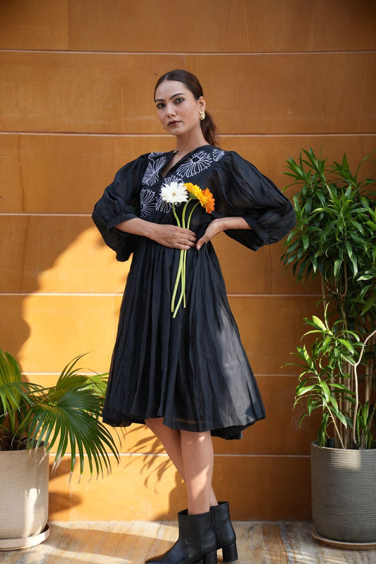 Black Chanderi Knee Lenght Dress