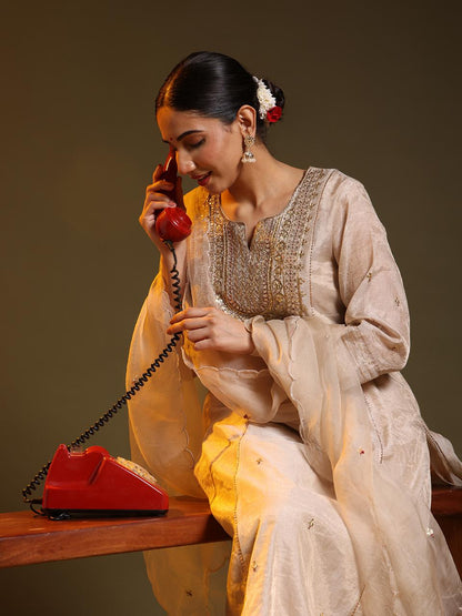 Whitish-Golden Chanderi Festive Suit