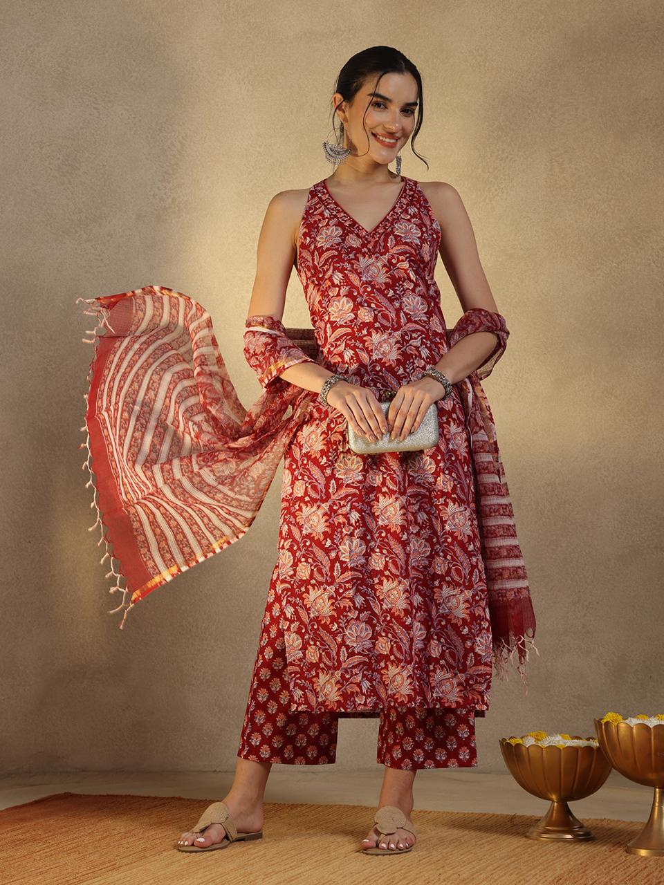 Red S/L Patola Cotton Suit