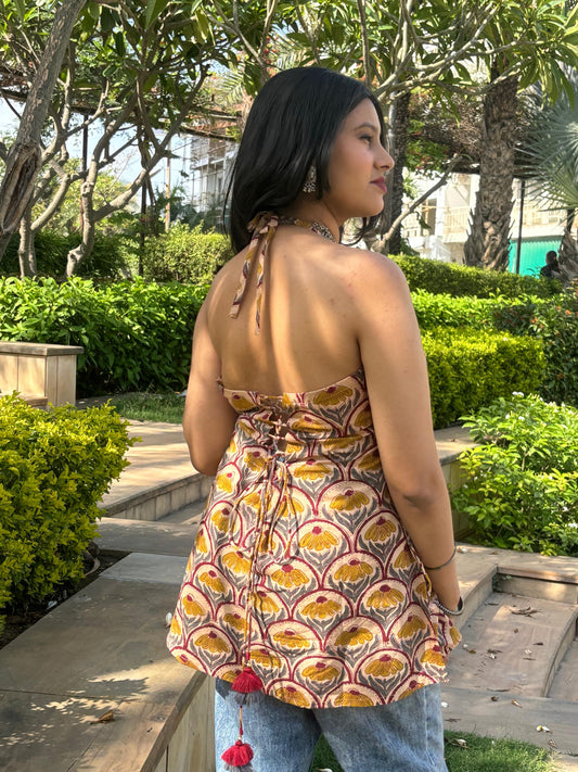 White-Yellow Backless  Short Kurti