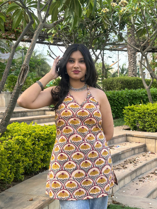 White-Yellow Backless  Short Kurti