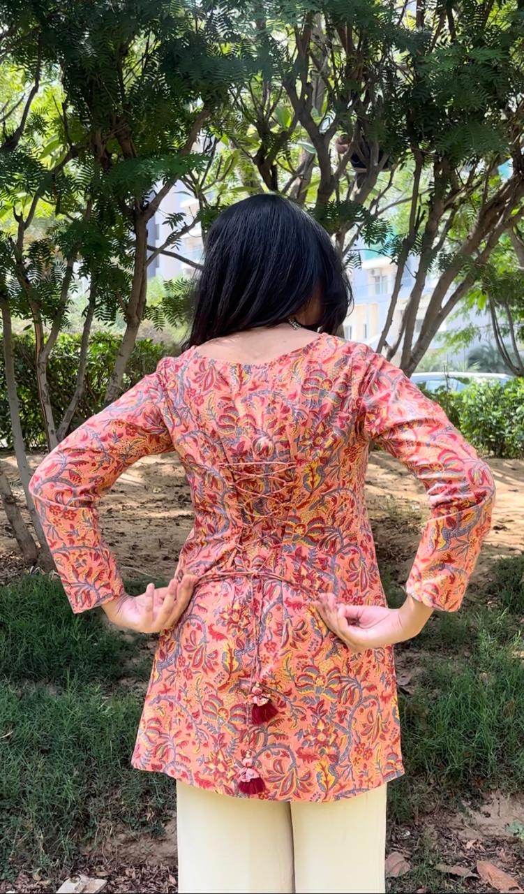 Peach Floral Corset Short Kurti