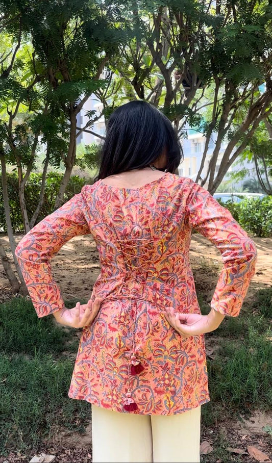 Peach Floral Corset Short Kurti