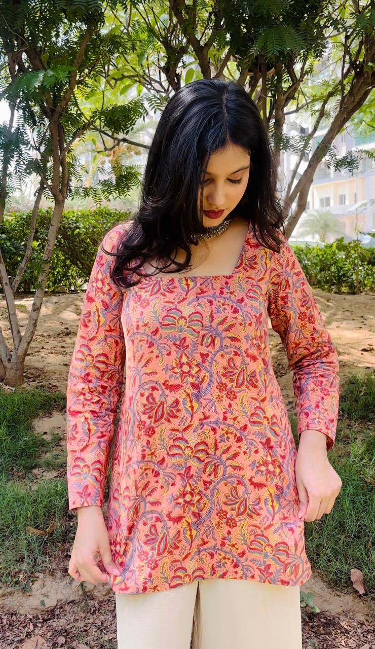 Peach Floral Corset Short Kurti