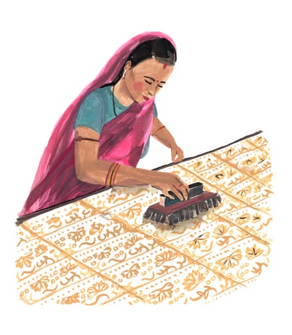 Illustration of a woman in a pink sari printing cloth with a wooden block