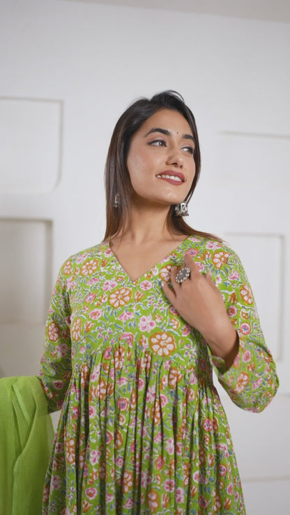 GREEN FLORAL BLOCK PRINT GATHER ANARKALI KURTA SET