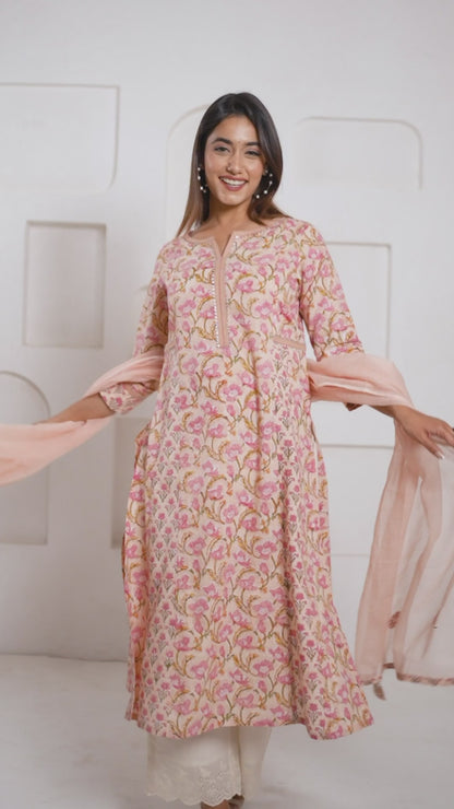 PEACH HAND BLOCK PRINTED KURTA SET