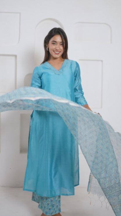 BLUE PURE CHANDERI PRINCESS LINE KURTA SET