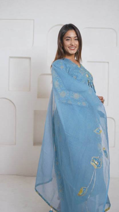 BLUE FLORAL BLOCK PRINT GATHER ANARKALI KURTA SET